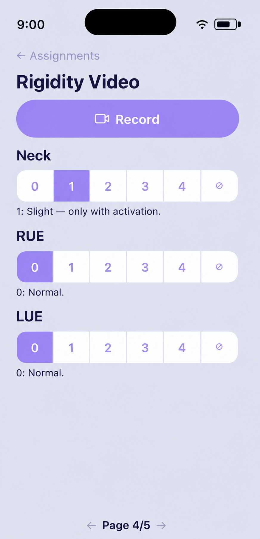 Kelvin Clinic provides structured clinical scoring within the assessment workflow, allowing clinicians to record scores alongside relevant images, audio, video recordings and questionnaires with conditional logic. In this example, a Rigidity Video assessment uses separate 0–4 severity rating scales for the neck, right upper extremity and left upper extremity, with descriptive criteria to guide consistent scoring. At the end of the assessment, clinicians can review a summary of all recorded scores.
